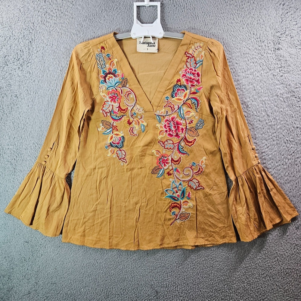 NEW Savanna Jane Top Blouse Women Small Embroidered V-Neck‎ Brown Yellow